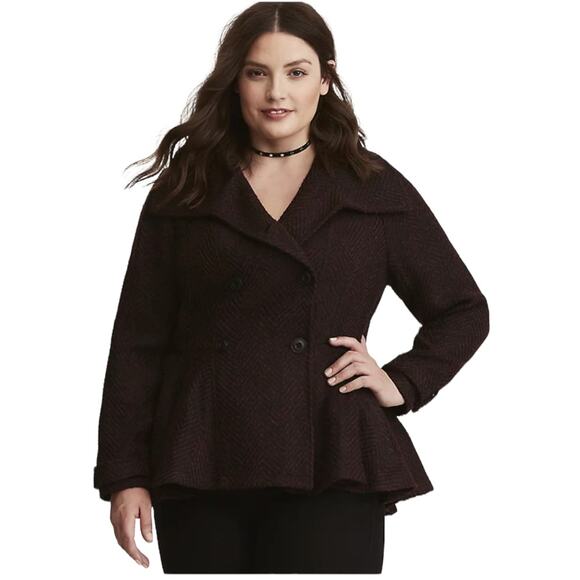 Torrid NWT Wool Fit And Flare Coat Marled Burgundy Black Peacoat Peplum Size 6X - Picture 1 of 7